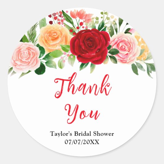 Romantic Roses Floral Bridal Shower Thank You Runder Aufkleber (Vorderseite)