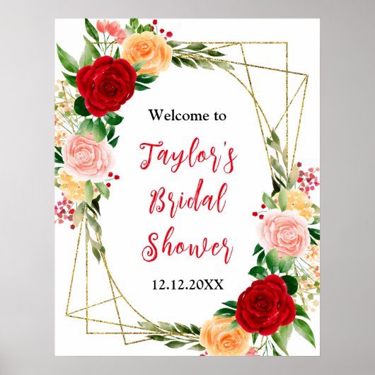 Romantic Roses Floral Bridal Shower Welcome Sign Poster (Vorne)