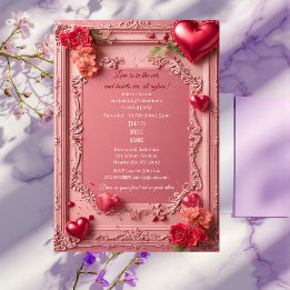 Romantic Roses Red Hearts Rustic Valentine Party  Einladung