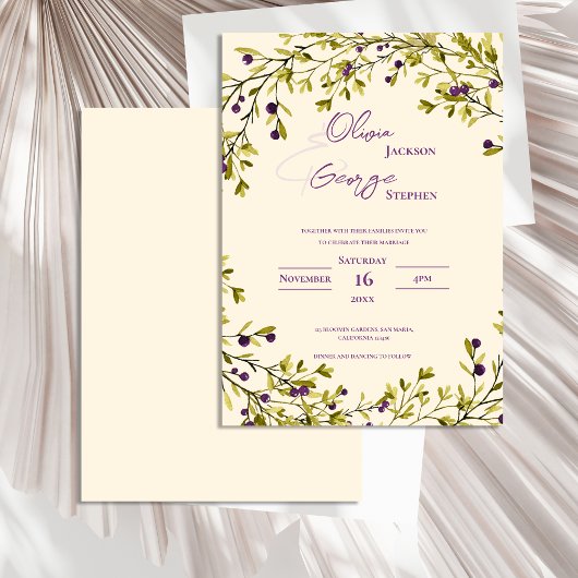 Romantic Rustic Purple Berry Leaves Wedding Einladung