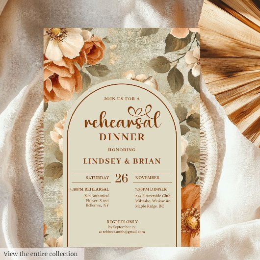 Romantic Rusty Beige Sage Floral Wedding Rehearsal Einladung