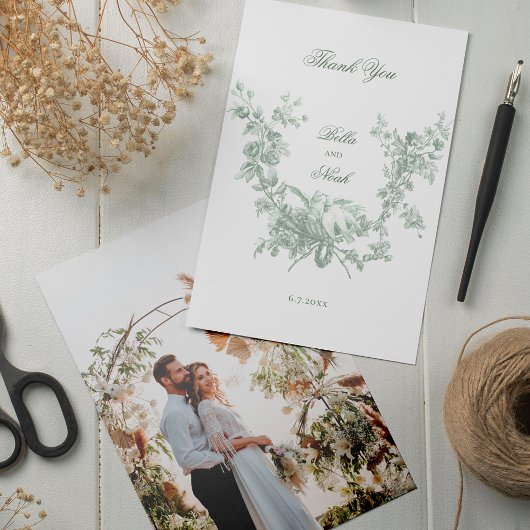 Romantic Sage Floral Wreath w/Lovebirds Wedding Dankeskarte