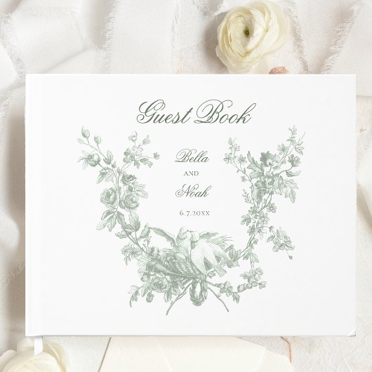 Romantic Sage Floral Wreath w/Lovebirds Wedding Gästebuch