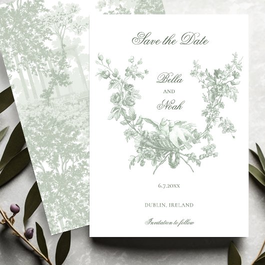 Romantic Sage Floral Wreath w/Lovebirds Wedding Save The Date