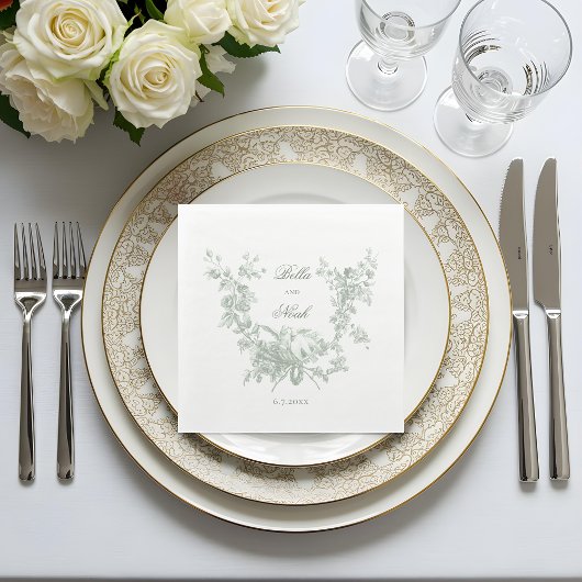 Romantic Sage Floral Wreath w/Lovebirds Wedding Serviette