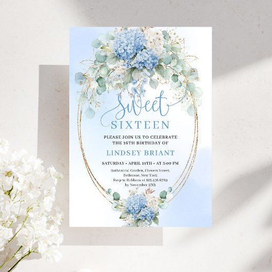 Romantic Script Blue Floral Eucalyptus Sweet 16  Einladung