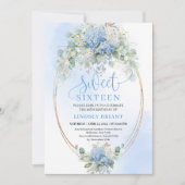 Romantic Script Blue Floral Eucalyptus Sweet 16  Einladung (Vorderseite)