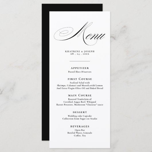 Romantic Script Calligraphy Details Menu Wedding Menükarte (Vorne/Hinten)