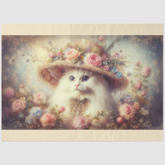 Romantic Shabby Chic Floral Cat Decoupage  Seidenpapier (Vorderseite)