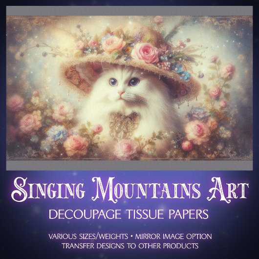 Romantic Shabby Chic Floral Cat Decoupage Seidenpapier