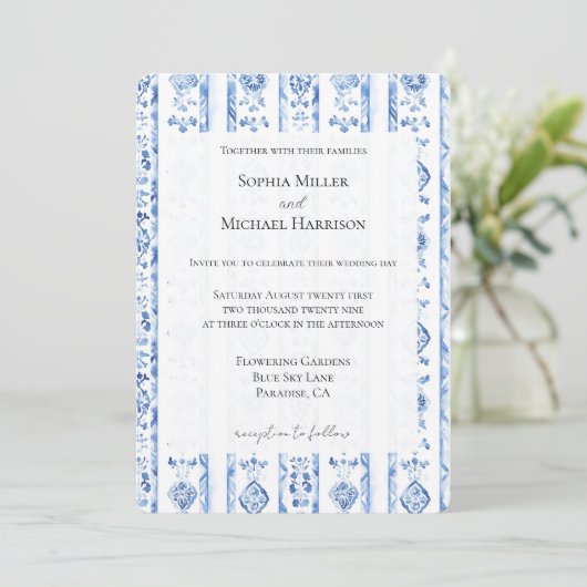 Romantic Sicily Italian Rustic Blue Stripe Wedding Einladung (Stehend Vorderseite)