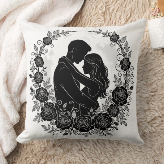Romantic Silhouette Couple Rose Wreath Pillow Kissen (Decke)