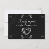 Romantic Silver Scroll Heart on Black RSVP Karte (Vorderseite)