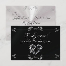 Romantic Silver Scroll Heart on Black RSVP Karte