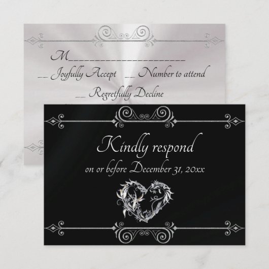 Romantic Silver Scroll Heart on Black RSVP Karte (Vorne/Hinten)