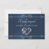 Romantic Silver Scroll Heart on Blue RSVP Karte (Vorderseite)