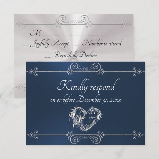 Romantic Silver Scroll Heart on Blue RSVP Karte (Vorne/Hinten)