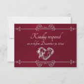 Romantic Silver Scroll Heart on Burgundy RSVP Karte (Vorderseite)