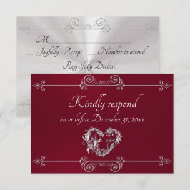 Romantic Silver Scroll Heart on Burgundy RSVP Karte