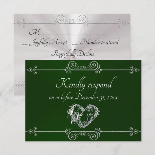 Romantic Silver Scroll Heart on Emerald RSVP Karte (Vorne/Hinten)
