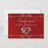 Romantic Silver Scroll Heart on Red RSVP Karte (Vorderseite)