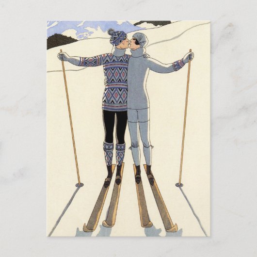 Romantic Skiing Couple Postcard Postkarte (Vorderseite)