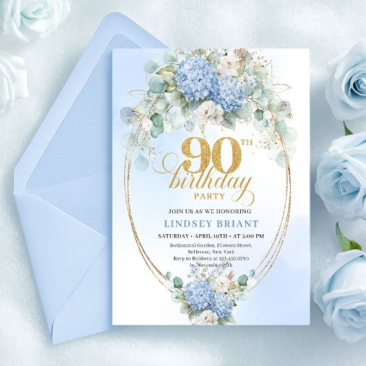 Romantic Soft Blue Hydrangea 90th Birthday Invite Einladung