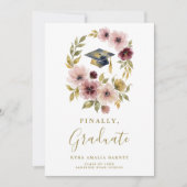 Romantic Soft Floral Wreath Graduation Cap Design Einladung (Vorderseite)