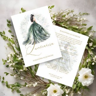 Romantic Spanish Quinceañera in Green & Golden Einladung