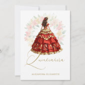 Romantic Spanish Quinceañera in Red & Golden Einladung (Vorderseite)