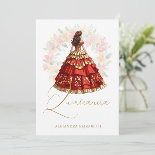 Romantic Spanish Quinceañera in Red & Golden Einladung (Stehend Vorderseite)