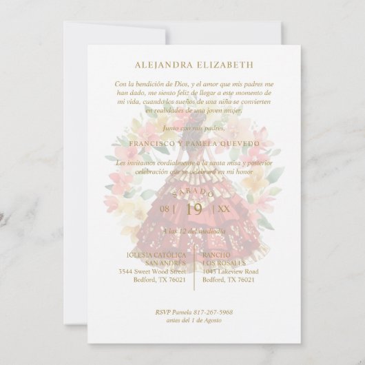 Romantic Spanish Quinceañera in Red & Golden Einladung (Rückseite)