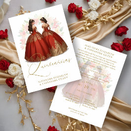 Romantic Spanish Quinceañera Twins Red & Golden  Einladung