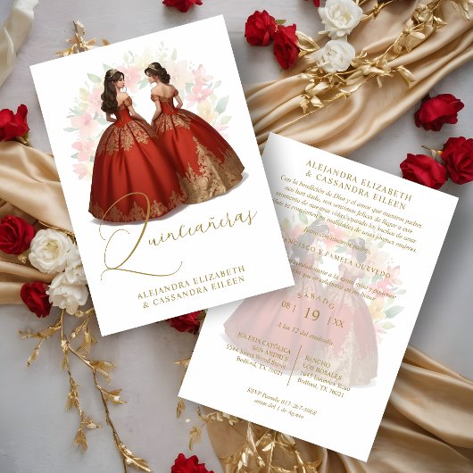 Romantic Spanish Quinceañera Twins Red & Golden  Einladung