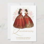 Romantic Spanish Quinceañera Twins Red & Golden  Einladung (Vorderseite)