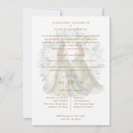 Romantic Spanish Quinceañeras Twins Green Shades Einladung (Rückseite)