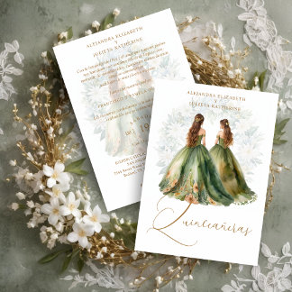Romantic Spanish Quinceañeras Twins Green Shades Einladung