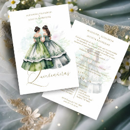 Romantic Spanish Quinceañeras Twins Green Shades Einladung