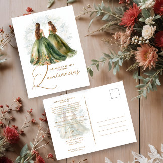 Romantic Spanish Quinceañeras Twins in Green Brown Postkarte