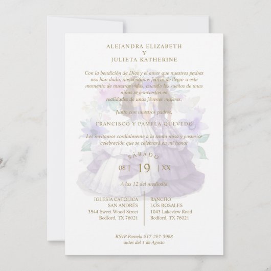 Romantic Spanish Quinceañeras Twins Purple Shades Einladung (Rückseite)