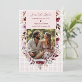 Romantic Spring Burgundy Floral Arch Wedding Save The Date (Stehend Vorderseite)