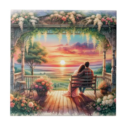 Romantic Sunset Porch View Illustration Fliese (Vorderseite)