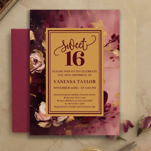 Romantic Sweet Sixteen Burgundy Blush Gold Invite Einladung