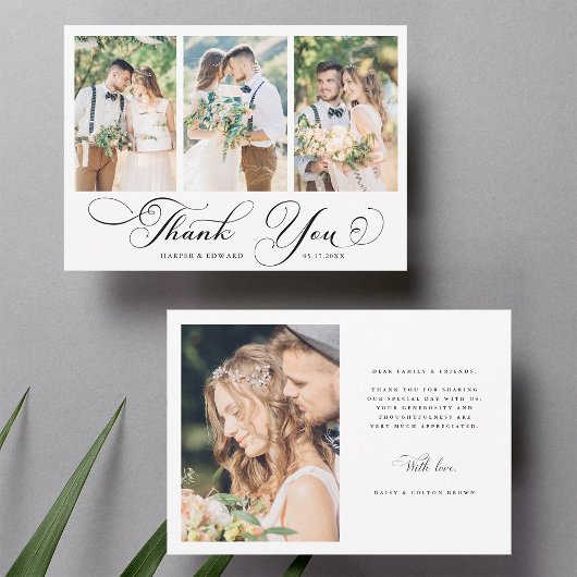 Romantic Swirly Calligraphy Wedding 4 Photo Dankeskarte