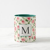 Romantic Teal Blush Pink Roses Floral Monogram Tasse (Zentrum)