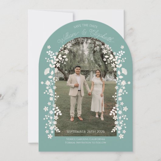 Romantic Teal Eucalyptus Floral Arch Save the Date Einladung (Vorderseite)