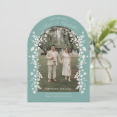 Romantic Teal Eucalyptus Floral Arch Save the Date Einladung (Stehend Vorderseite)