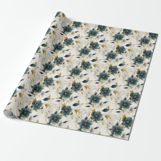 Romantic Teal Green Cream Flowers Geschenkpapier (Ungerollt)