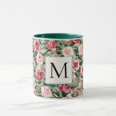 Romantic Teal Green Pink Roses Floral Monogram Tasse (Zentrum)