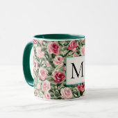 Romantic Teal Green Pink Roses Floral Monogram Tasse (Vorderseite Links)